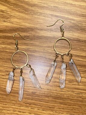 Gold Hoop Crystal Dangle Earrings - Clear Quartz